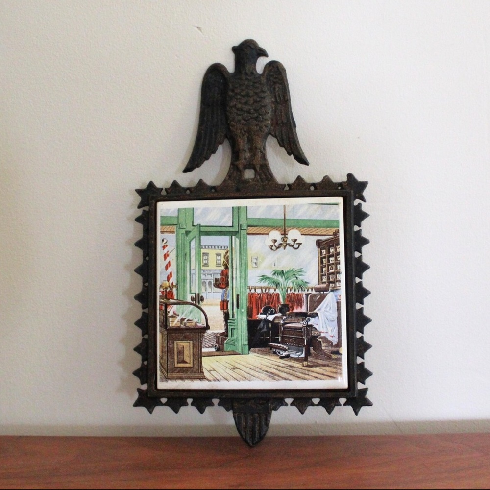 60s Vintage Enesco Iron Eagle Trivet with Western Barbershop Tile